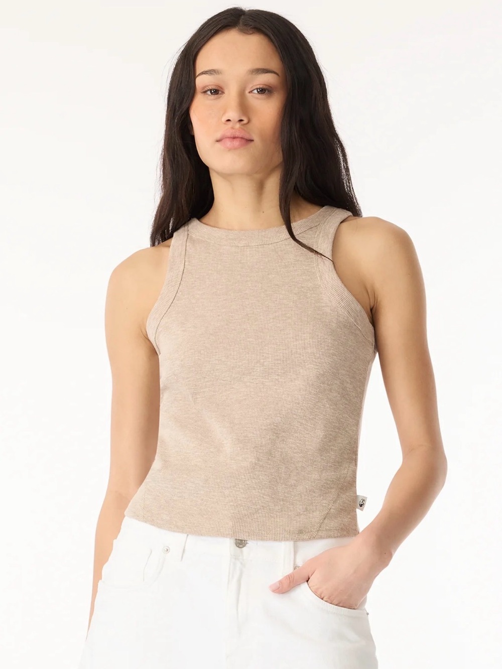 Buffalo David Bitton Beige Ribbed High-Neck Tank